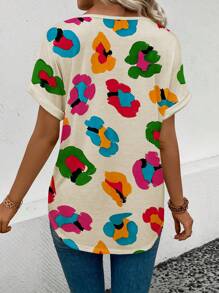 SHEIN VCAY Women's Casual V-Neck Short Sleeve Flower Printed T-Shirt With Cuff Detail - Multicolor - View 2