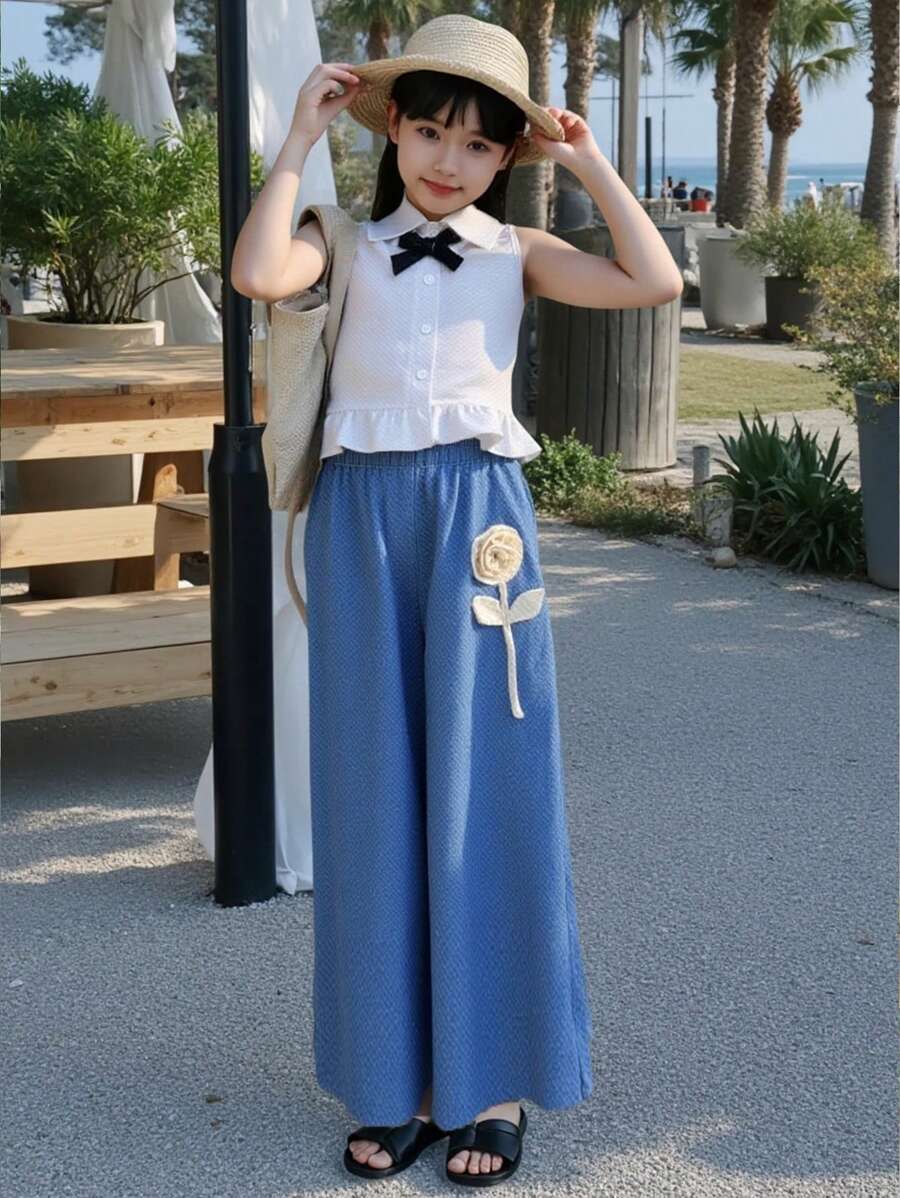 Ensemble blouse blanche à nœud et boutons + pantalon long casual à fleurs bleues pour préadolescentes, été - Bleu et Blanc - Voir 1
