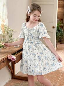 LMoss Kids LMoss Tween Girl Printed Pleated V-Neck Fitted Casual Dress - Multicolor - View 5