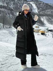 EURMUSE 女士纯色休闲系带长款羽绒冬季外套 - 黑色 - 查看 7