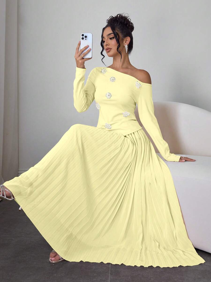 Modelyn 春夏女装两件套:串珠花卉肩部镂空上衣和荷叶边雪纺中长裙 - 黃色 - 查看 1