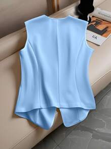 Franclia Femme Mode Blouse sans manches à simple boutonnage avec taille seyante et fausse poche, polyvalent pour un port quotidien - Bleu azur - Voir 2