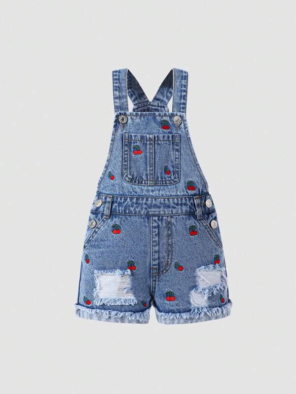 Kleine Mädchen Jeanslatzhose mit Kirschblüten Stickerei. Geeignet für Urlaubsmode, Ostern, Frühlingsfeste, Kindertag, Schulanfang und andere Anlässe.