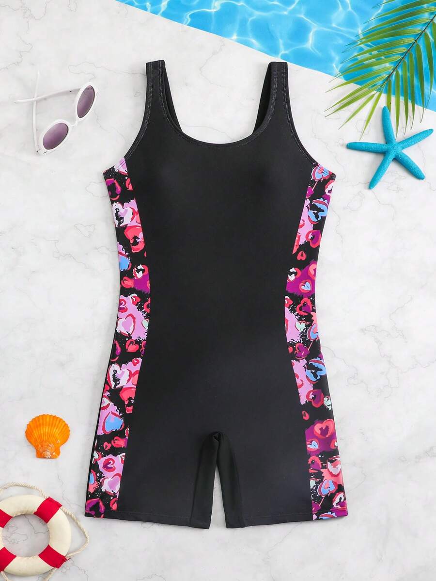 Tween Girls Fashion Colorful Print Sleeveless One Piece Swimsuit Summer Holiday