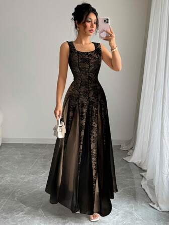 Rafferiza Elegant ärmlös, åtsittande spetsklänning med rosa utsvängda nätmönster och lapptäcke för kvinnor, vår/sommar