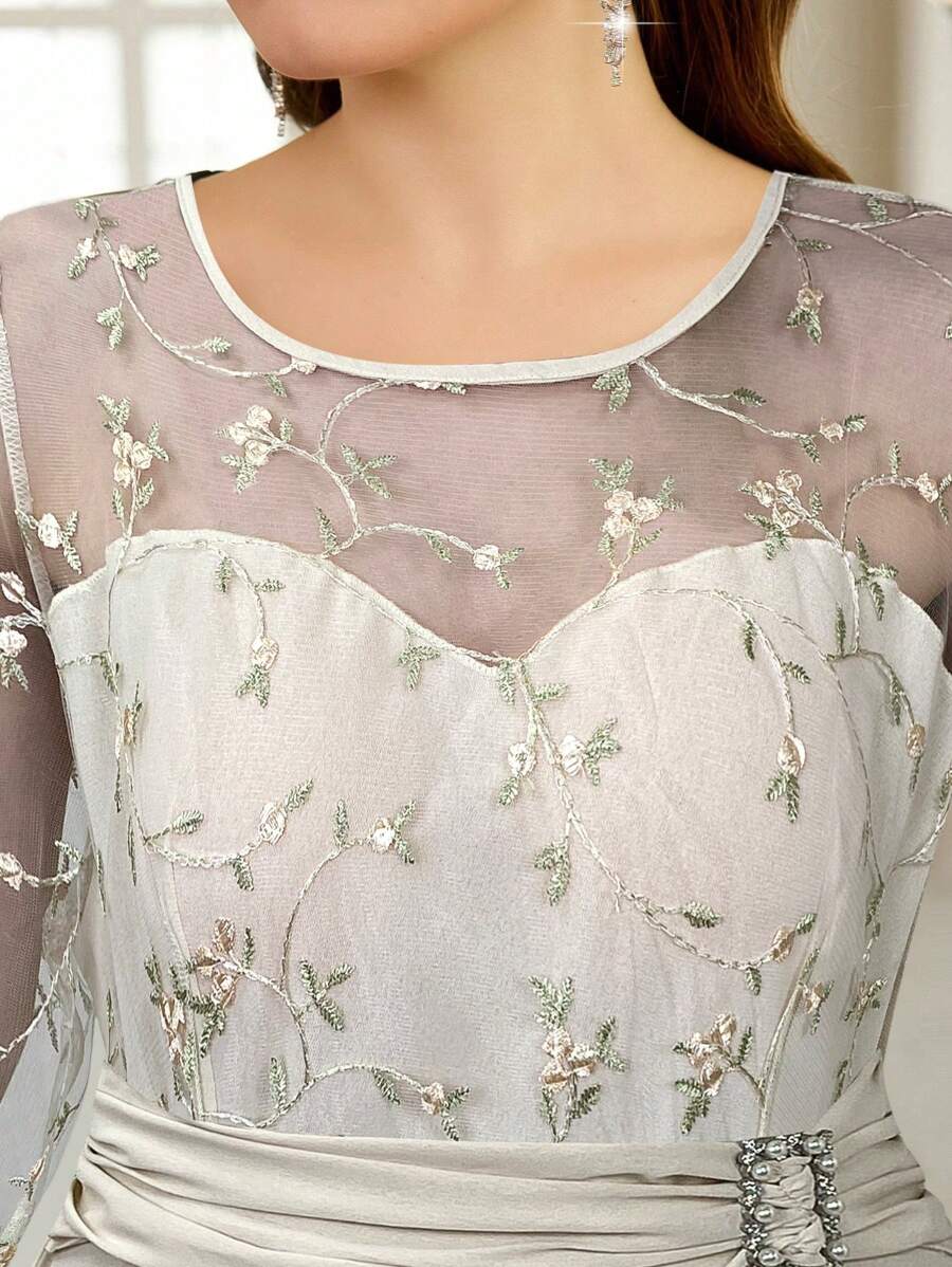 SHEIN Clasi Rochie de damă cu broderie din plasă, mărime mare, elegantă pentru petrecerea de Ramadan, primăvară - Caisă - Vizualizare 1