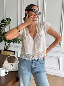 Serisse Women's Casual Striped Lace Patchwork Blouse, Summer - Apricot - View 4