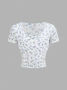 SHEIN Girlism Maglietta a maniche corte aderente in maglia a coste con fiori vintage per ragazze adolescenti, adatta per vacanze e uso domestico