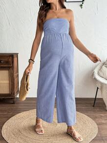 SHEIN Maternity Striped Jumpsuit, Fitted Summer Wear - Blue - View 5