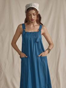 Wildy 复古水洗牛仔可调节吊带连衣裙，波西米亚风情，适合美国西部乡村音乐节 - 藍色 - 查看 5