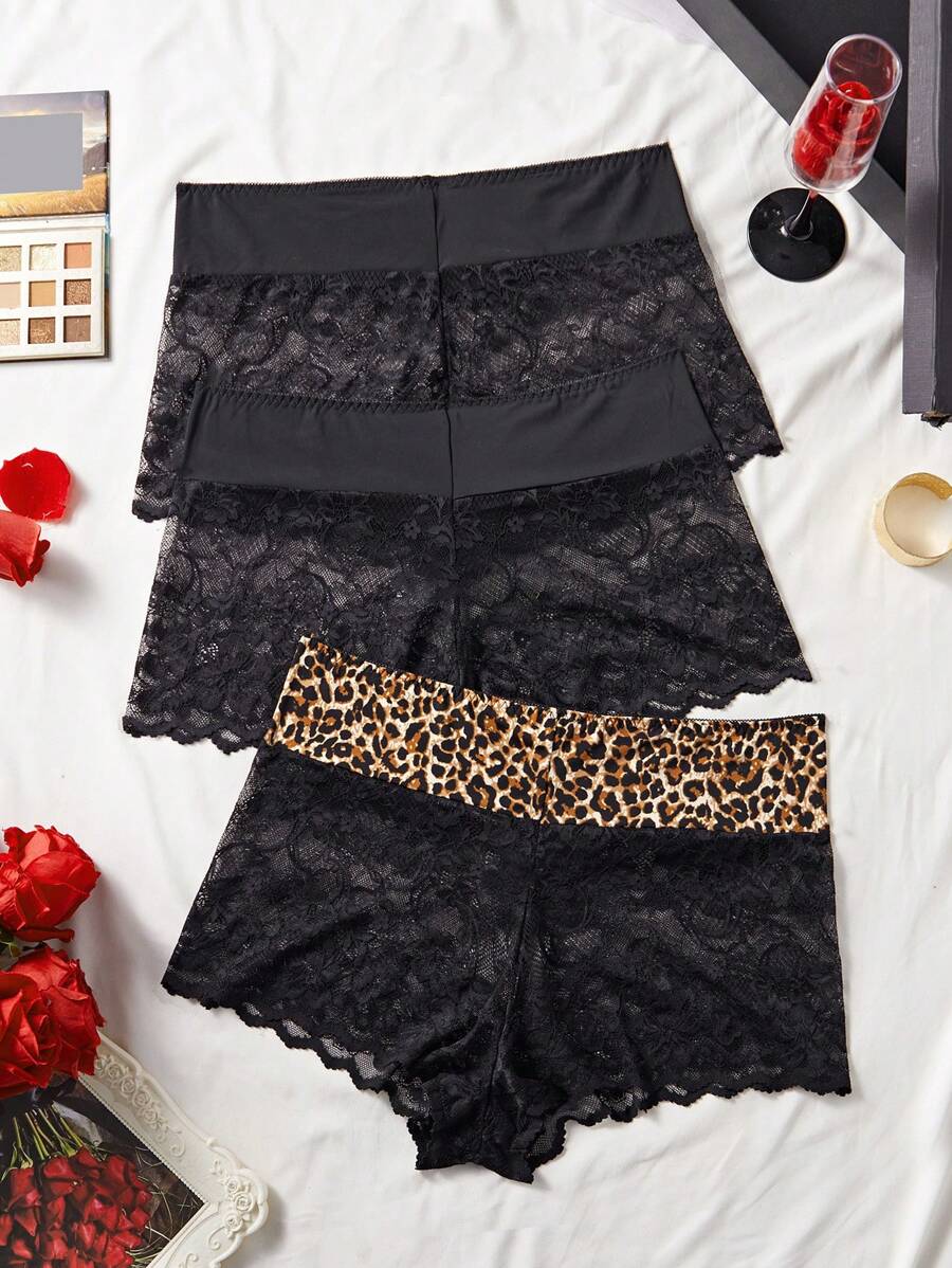 3pcs/Set Plus Size Women Lace Patchwork Romantic Simple Briefs, Including Hipster And French Cut - Multicolor - View 1