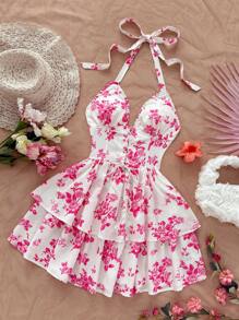 Soleia 女士花卉印花交叉露背迷你连衣裙，度假风格