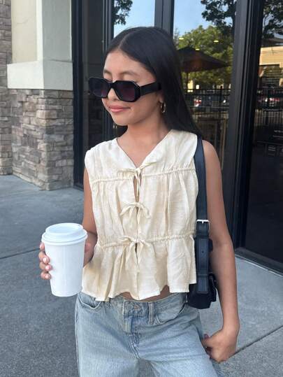 SHEIN Nova Glow Tween Girl 纯色褶裥前系带无袖衬衫，百搭休闲校园/家居服