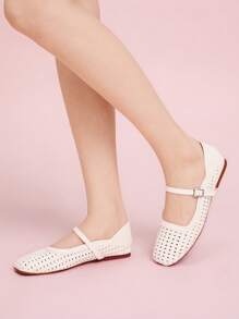 CUCCOO DOLLMOD Women's Round Toe Low Heel Beige Woven Mesh Fabric Chic Minimalist Buckle Strap Flats