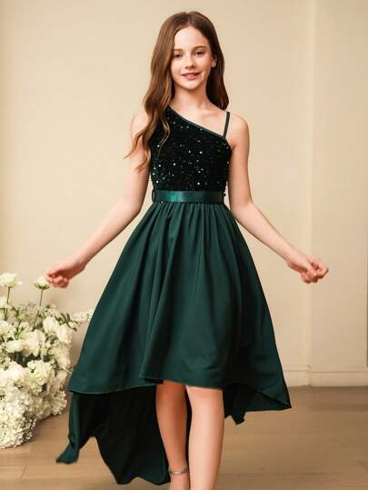 SHEIN 女童纯色不对称领口闪光拼布不对称礼服，非常适合表演、婚礼、花童、派对和生日庆祝