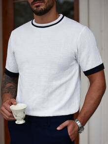 Manfinity CityGents 男士撞色拼接袖口圆领短袖针织衫，男士经典衬衫，Old Money 男士针织衫，夏季 Old Money - 白色 - 查看 5