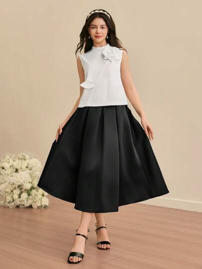 SHEIN 2 件套青少年女孩优雅白色 3D 花卉上衣和褶皱长裙套装，夏季新品