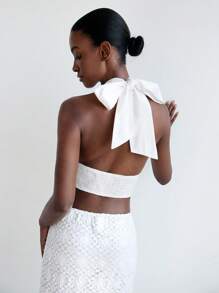 Maija Women's White Tie-Neck Backless Fitted Cropped Tank Top & Elastic Waist Textured Bohemian Beach Skirt 2Pcs Suit, Summer Casual Set Vacation Outfits Woman - Apricot - View 5