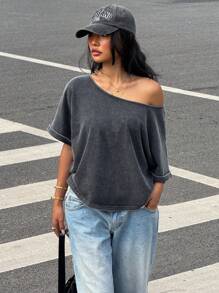 Muchica 女士黑色雪洗针织休闲单肩不对称领口宽松T恤