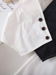 TaviRue Babygirl 夏季都市优雅黑白拼布吊带背心和宽松腰连衣裙 2 件套 - 黑與白 - 查看 7