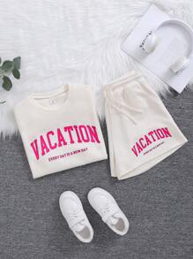 SHEIN 青少年女孩休闲针织字母印花短袖T恤上衣和短裤两件套度假装