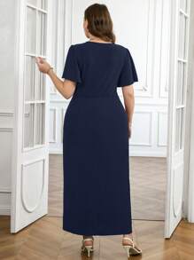 SHEIN Clasi Plus Size Solid Color Round Neck Short Sleeve Twist Casual Summer Dress,Sundress - Navy Blue - View 7