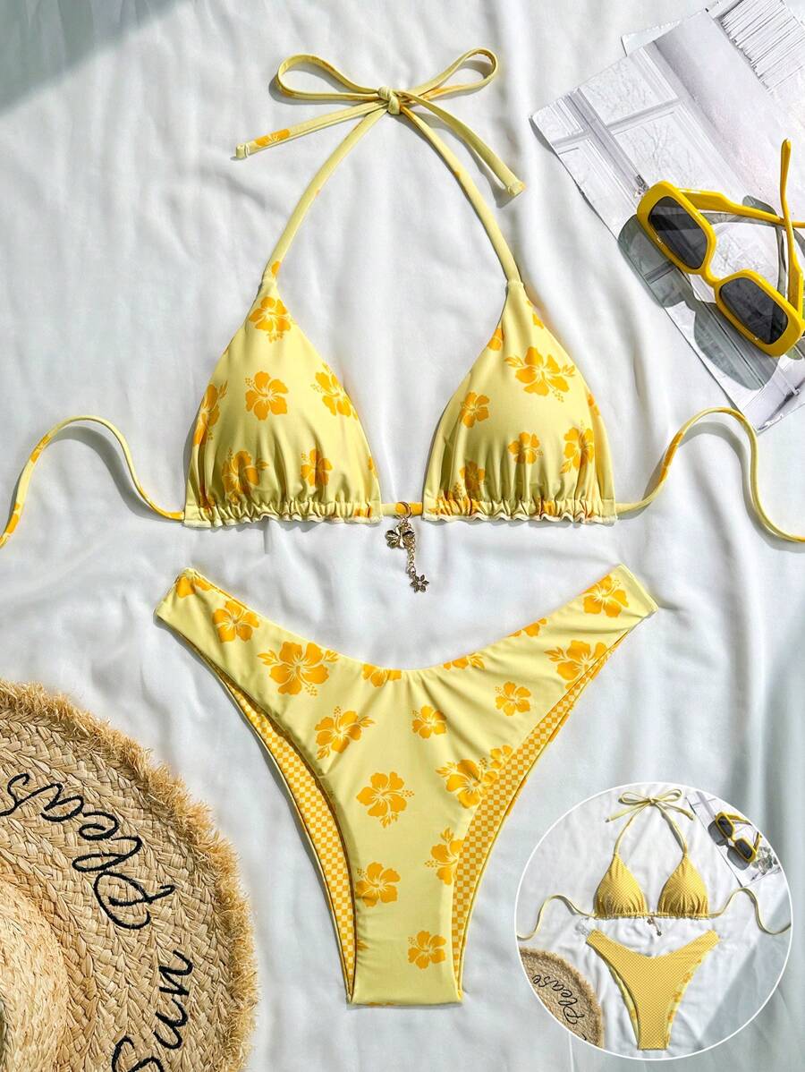 Swim Mod 2pcs/Set Summer Holiday Random Gold Flower Print Halter Triangle Bra And High-Cut Swim Briefs Sexy Yellow Bikini Set - Yellow - View 1