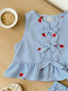 SHEIN Tween Girl Casual Minimalist Strawberry Striped Ruffle Trim Tank Top - Blue - View 5