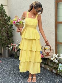 SHEIN LUNE Váy midi dây buộc đơn giản viền bèo nhún cho nữ, vải có họa tiết cho trang phục ngày lễ và giải trí, thanh lịch cho hoạt động ngoài trời, mùa xuân/hè - Màu vàng - Xem 6