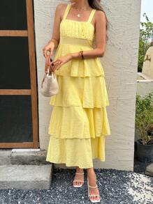 SHEIN LUNE Váy midi dây buộc đơn giản viền bèo nhún cho nữ, vải có họa tiết cho trang phục ngày lễ và giải trí, thanh lịch cho hoạt động ngoài trời, mùa xuân/hè - Màu vàng - Xem 7