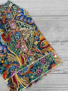 SHEIN PETITE Blusa casual de mujer con cuello redondo, mangas con volantes y estampado retro bohemio, para primavera/verano - Multicolor - Ver 3