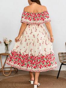 SHEIN Clasi Große Größen Midi-Kleid mit Blume Muster, Off-Shoulder und Rüschenbesatz für Damen, bequemes leichtes Material, Lässig Resort Stil, elegant romantisch, Frühling/Sommer - Verschiedenfarbig - Übersicht 2