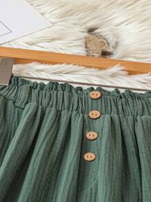 SHEIN Clasi Pantaloni eleganti e comodi da donna con tasche, arricciatura sul bordo, bottoni e contrasto di colori, a gamba ampia, lunghi, versatili per uso quotidiano e per l'ufficio estivo - Verde - Visualizzare 9