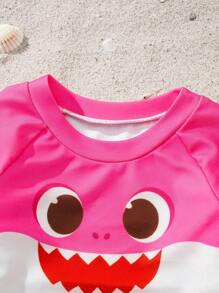 BABY SHARK X SHEIN 女宝宝卡通粉色鲨鱼印花拼色泡泡袖荷叶边夏季沙滩两件套泳衣套装