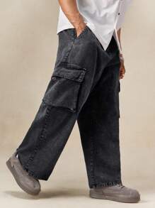 EASEVO Plus Size Men Loose Distressed Denim Jeans With 3D Pocket, Long Length - Black - View 5