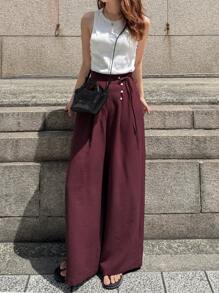 FRIFUL Women High Waisted Wide Leg Cropped Pants, Business Style, Spring/Summer Linen - Red Violet - View 2