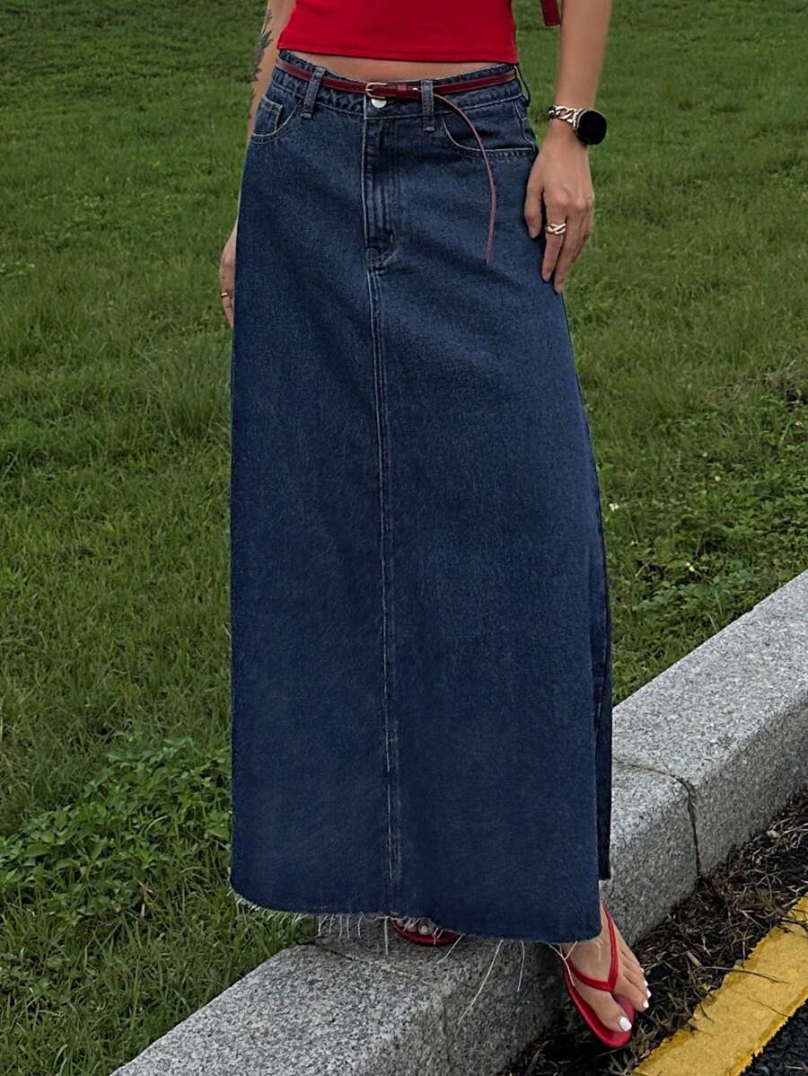 DAZY Women's Long Straight Denim Skirt With Pockets And Raw Hem, Casual Jeans Skirt - Medium Wash - View 1