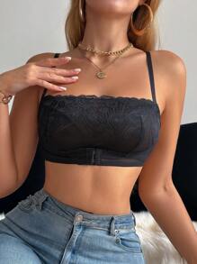 SHEIN Bralette de mujer con encaje y parches, con botones delanteros - Negro - Ver 3