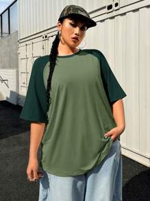 Muchica Plus Size Summer Basic Casual Raglan Sleeve Color Block Loose T-Shirt Green - Dark Green - View 5