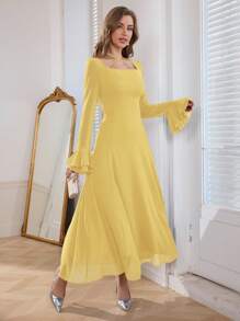 Modelyn 1 件女士优雅精准时尚喇叭袖方领海军蓝黄色连衣裙长款女装 - 黃色 - 查看 5