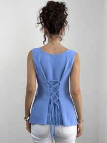 Momance Blusa de maternidad sin mangas de cuello cuadrado con lazo delantero de unicolor