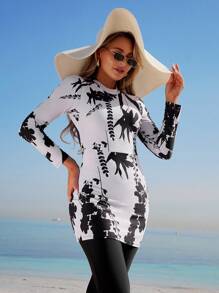 Swim Mulvari 2 件套女式夏季新款性感长袖防晒衣上衣和长款松紧腰喇叭裤全覆盖泳衣，时尚布基尼套装 - 彩色 - 查看 2