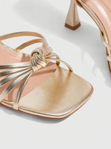 CUCCOO SZL Women's Multiple Strap Knotted Square Toe High Heel Sandals, Sexy & Fashionable Glitter Gold Stilettos For Night Club, Party, Music Festival For Christmas - Gold - View 5