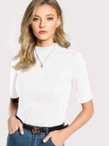 SHEIN Essnce Camiseta básica de manga media, de cuello medio alto, blanca, cómoda y casual para mujer de talla grande, perfecta para la primavera y el verano, prendas de resorte, ropa de iglesia, blusas básicas, blusas para el trabajo