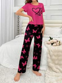 Heart & Butterfly Print Women Pajama Set, Short & Long Style