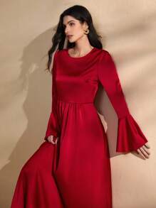 Graceveil Vestido elegante de manga larga acampanada y cuello redondo, de estilo francés, modesto, para mujer - Rojo - Ver 5