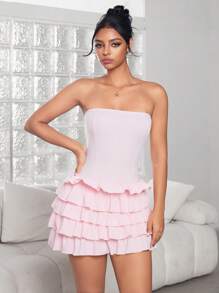 Jeanoix Plain Color Layered Strapless Ruffle Detail Sleeveless Dress, Summer - Pink - View 6