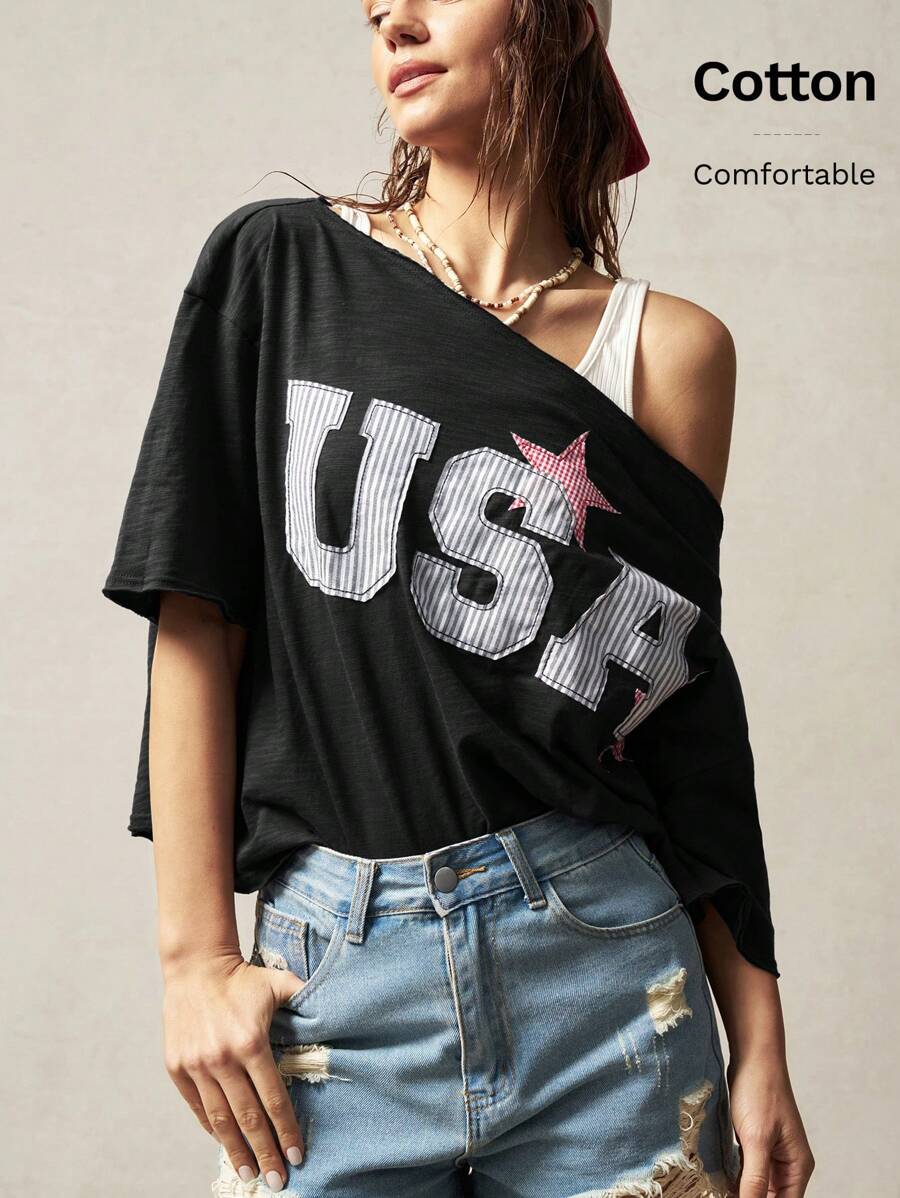 Bohemela 女式休闲字母贴花宽松大码T恤，夏季 - 黑色 - 查看 1