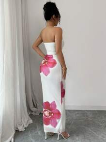 Rafferiza Vestido ajustado de mujer con estampado floral de malla y fruncido elegante - Albaricoque - Ver 4