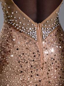 Elitara 优雅奢华香槟色亮片刺绣褶皱细肩带露背鱼尾连衣裙，适合约会、派对、正式场合、宴会（大量装饰） - 香檳色 - 查看 2